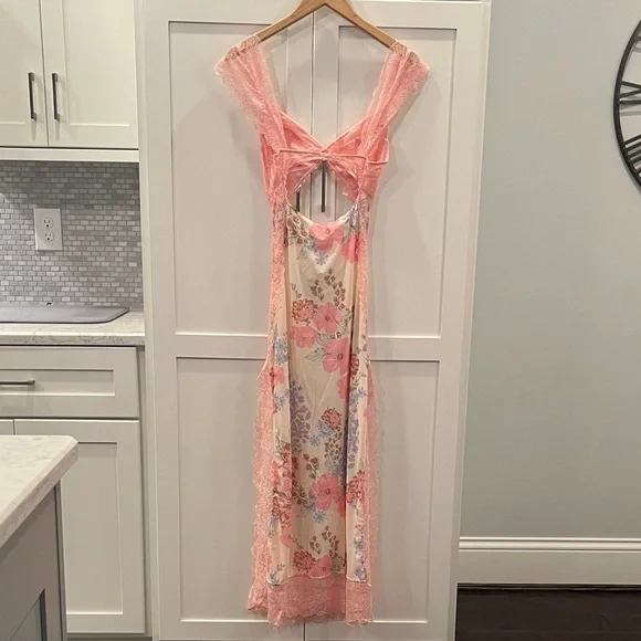 Worn 1x Free People Suddenly Fine Maxi Slip Floral Sheer Lace-trimmed Maxi Dress - Picture 3 of 10